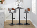 Elisa Adjustable Barstool - Set of 2 - Black Metal, Walnut Wood, Grey Fabric
