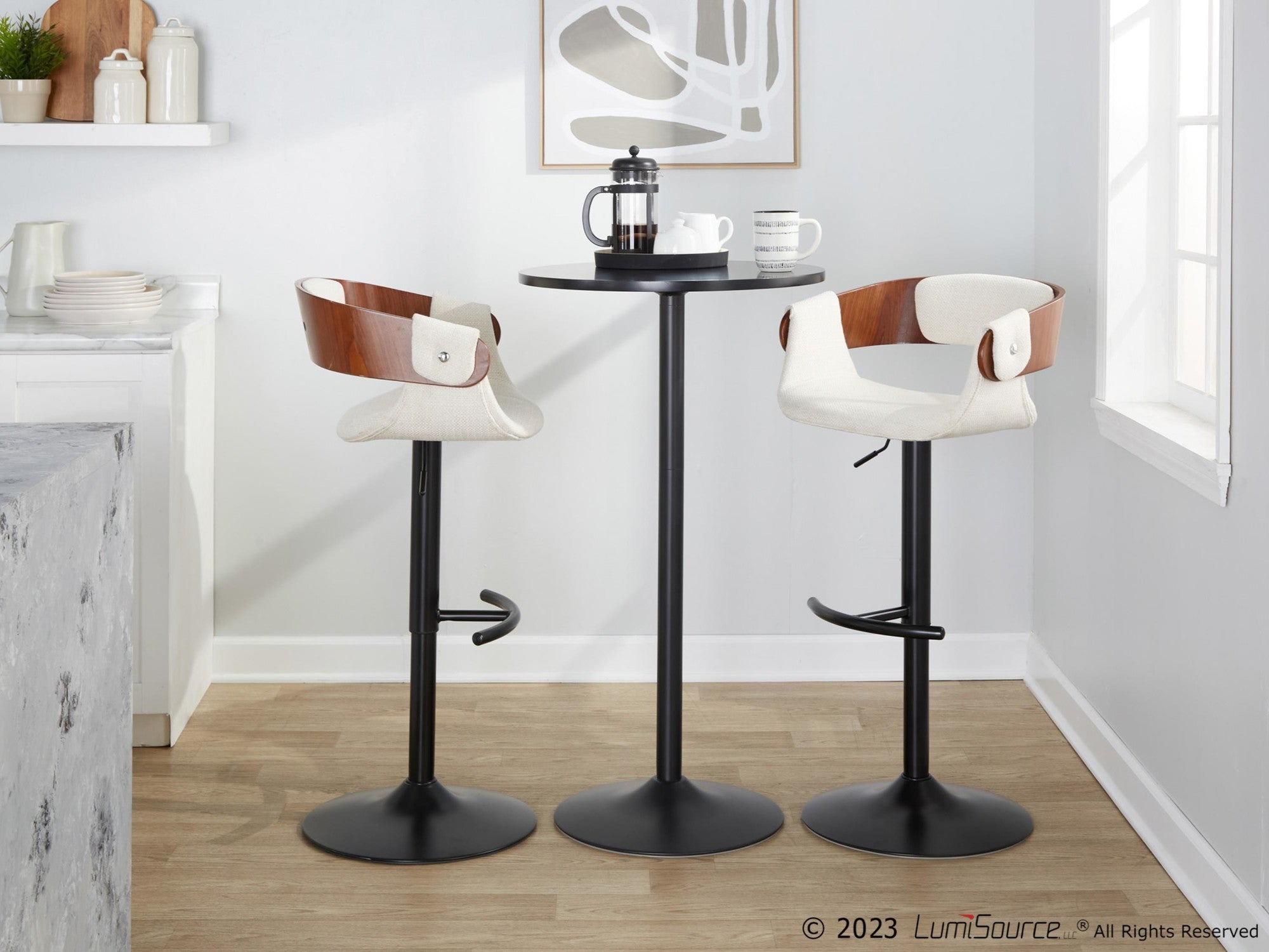 Elisa Adjustable Barstool - Set of 2 - Black Metal, Walnut Wood, Cream Fabric