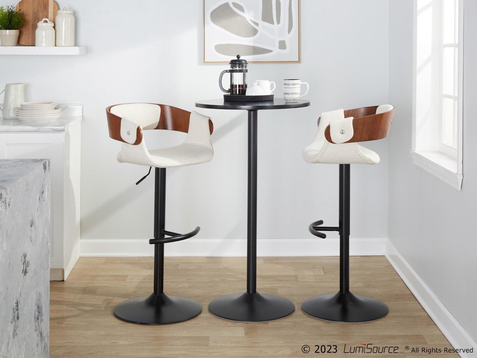 Elisa Adjustable Barstool - Set of 2 - Black Metal, Walnut Wood, Cream Fabric