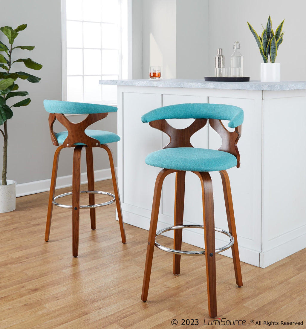 Gardenia 30" Fixed-Height Barstool - Set of 2 - Chrome Metal, Walnut Wood, Teal Fabric