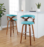 Gardenia 30" Fixed-Height Barstool - Set of 2 - Chrome Metal, Walnut Wood, Teal Fabric