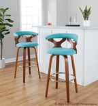 Gardenia 30" Fixed-Height Barstool - Set of 2 - Chrome Metal, Walnut Wood, Teal Fabric