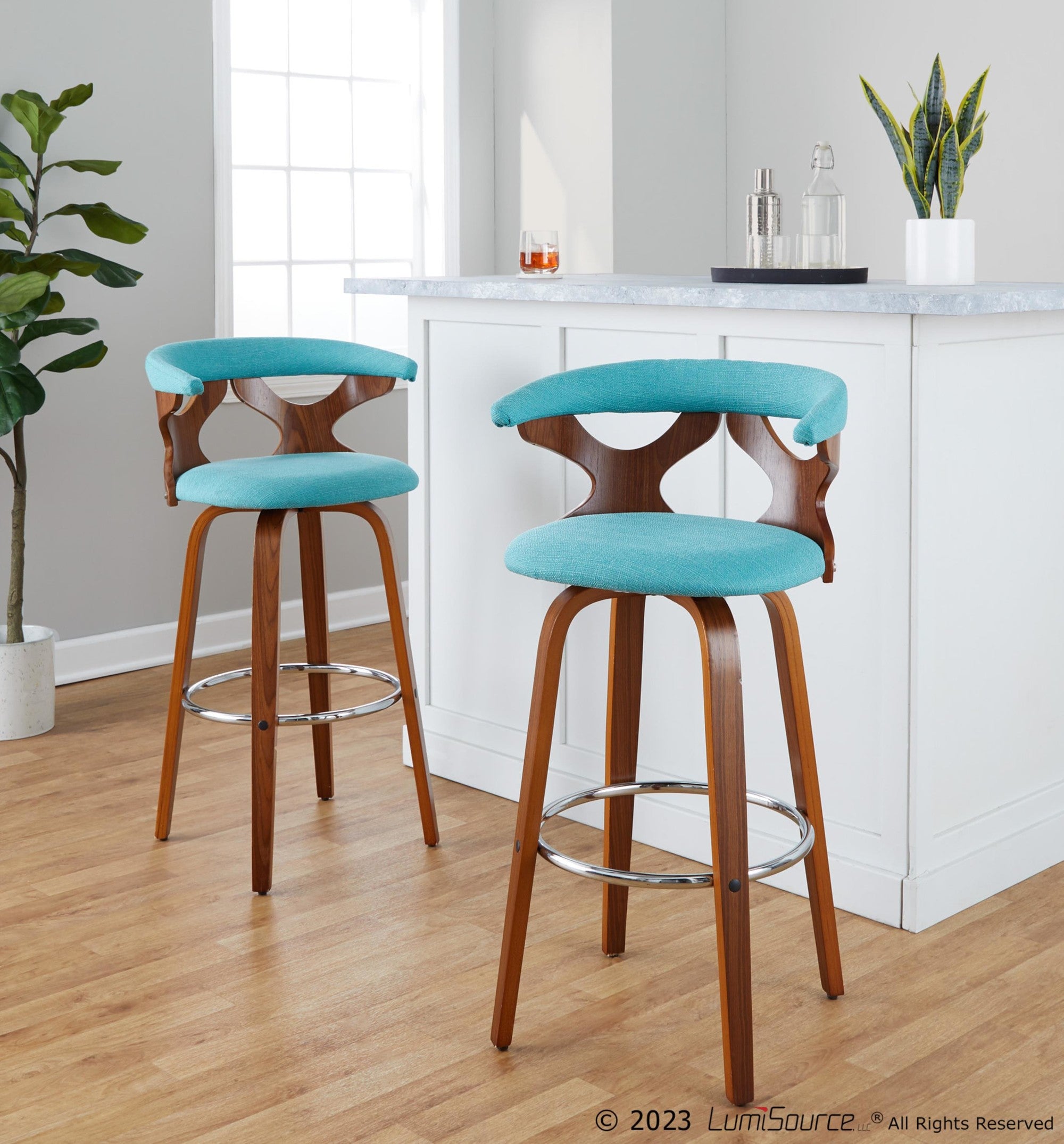 Gardenia 30" Fixed-Height Barstool - Set of 2 - Chrome Metal, Walnut Wood, Teal Fabric