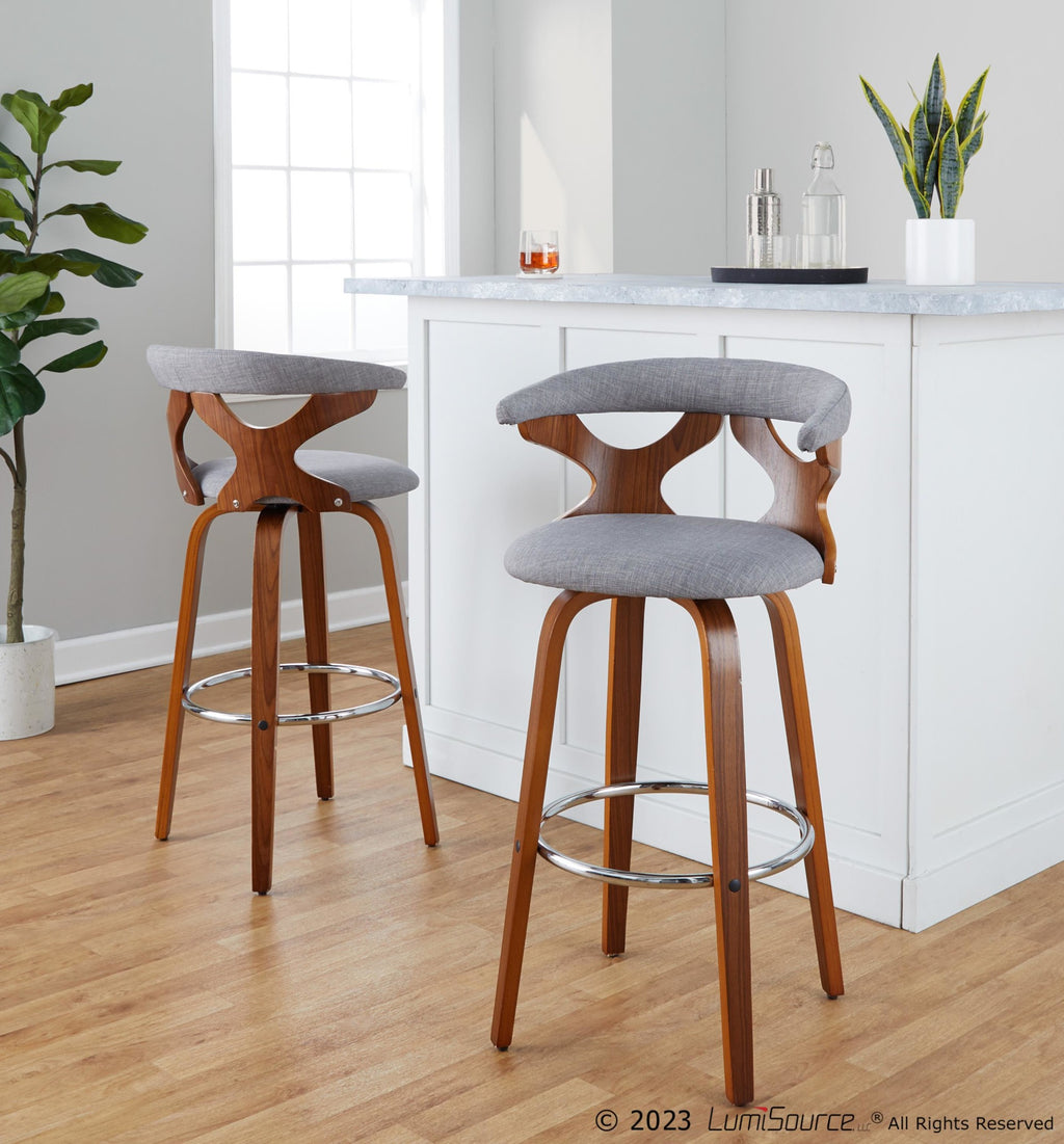 Gardenia 30" Fixed-Height Barstool - Set of 2 - Chrome Metal, Walnut Wood, Light Grey Fabric