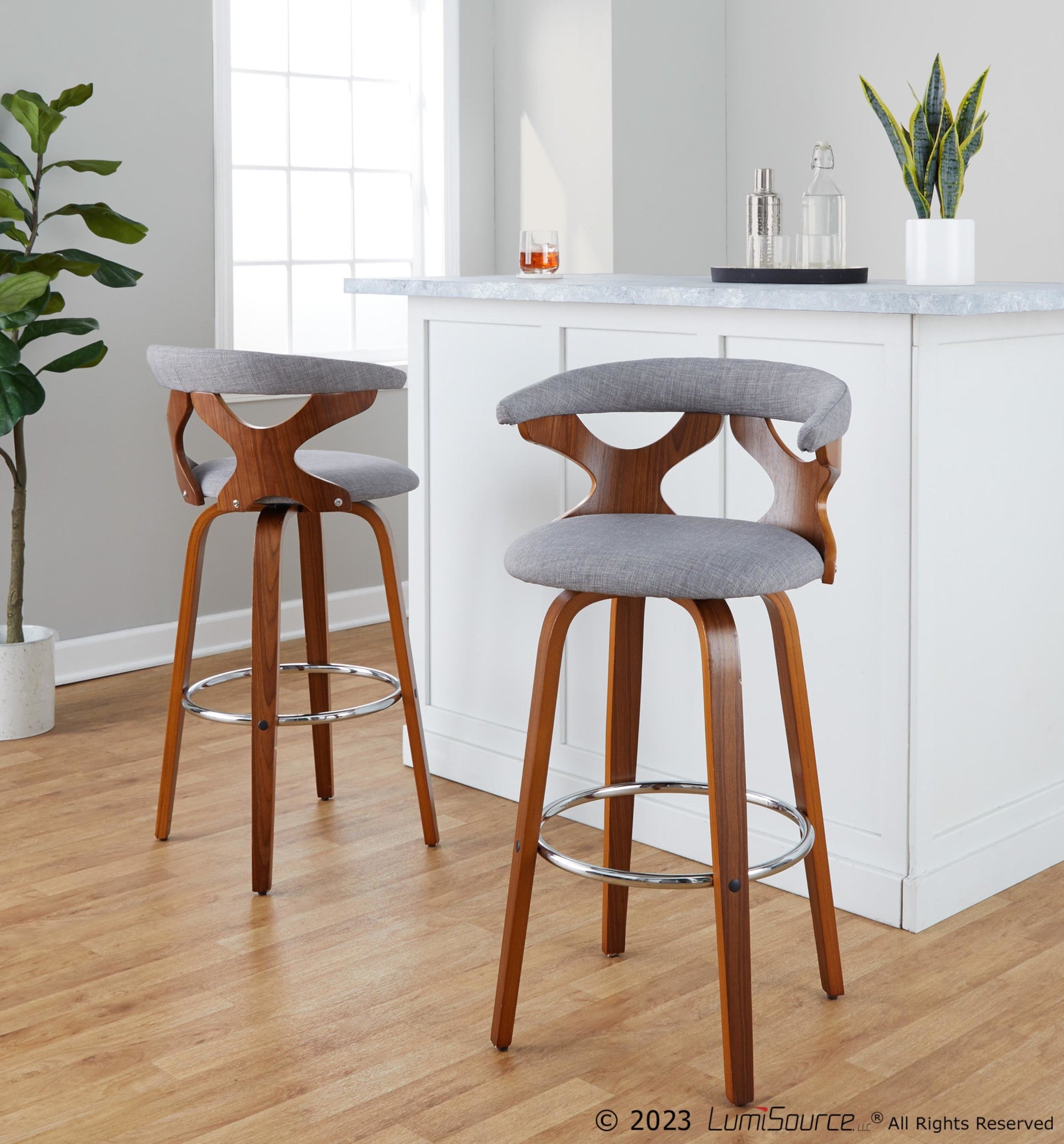 Gardenia 30" Fixed-Height Barstool - Set of 2 - Chrome Metal, Walnut Wood, Light Grey Fabric
