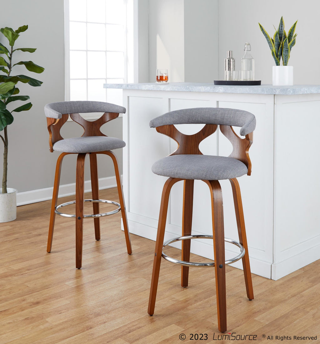 Gardenia 30" Fixed-Height Barstool - Set of 2 - Chrome Metal, Walnut Wood, Light Grey Fabric