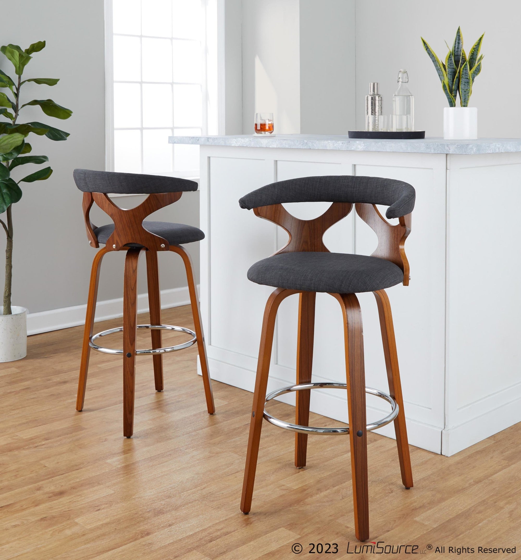 Gardenia 30" Fixed-Height Barstool - Set of 2 - Chrome Metal, Walnut Wood, Charcoal Fabric