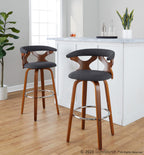 Gardenia 30" Fixed-Height Barstool - Set of 2 - Chrome Metal, Walnut Wood, Charcoal Fabric