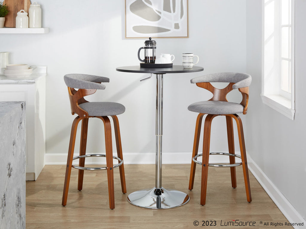 Gardenia 30" Fixed-Height Barstool - Set of 2 - Chrome Metal, Walnut Wood, Light Grey Fabric