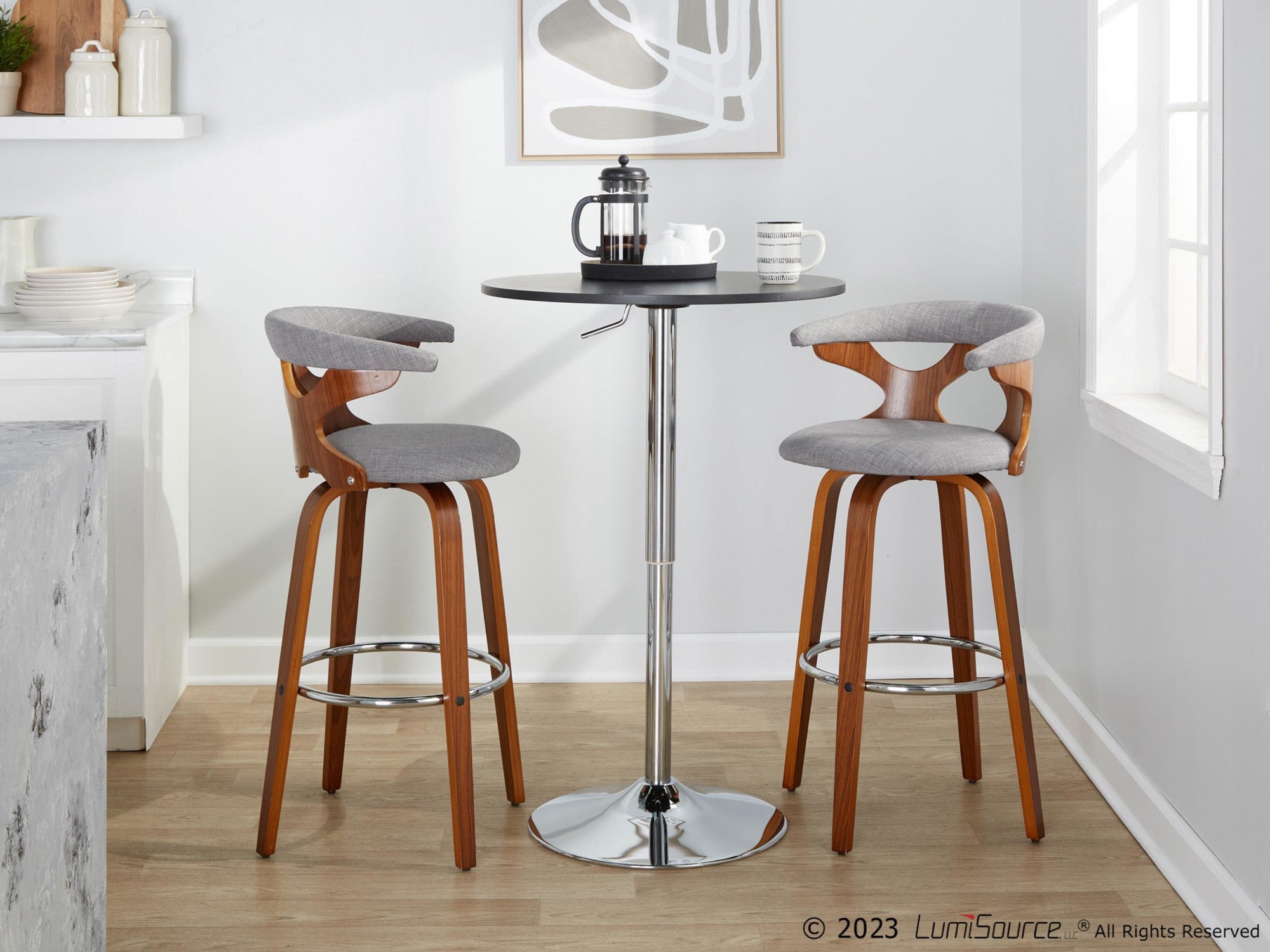 Gardenia 30" Fixed-Height Barstool - Set of 2 - Chrome Metal, Walnut Wood, Light Grey Fabric
