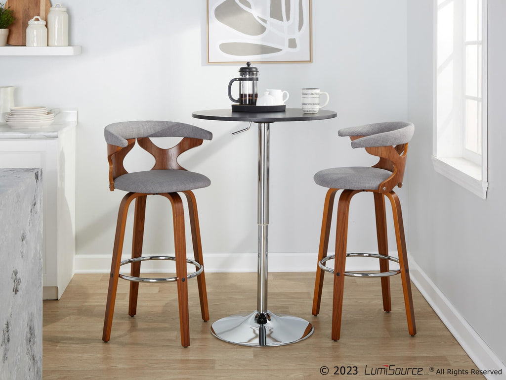 Gardenia 30" Fixed-Height Barstool - Set of 2 - Chrome Metal, Walnut Wood, Light Grey Fabric