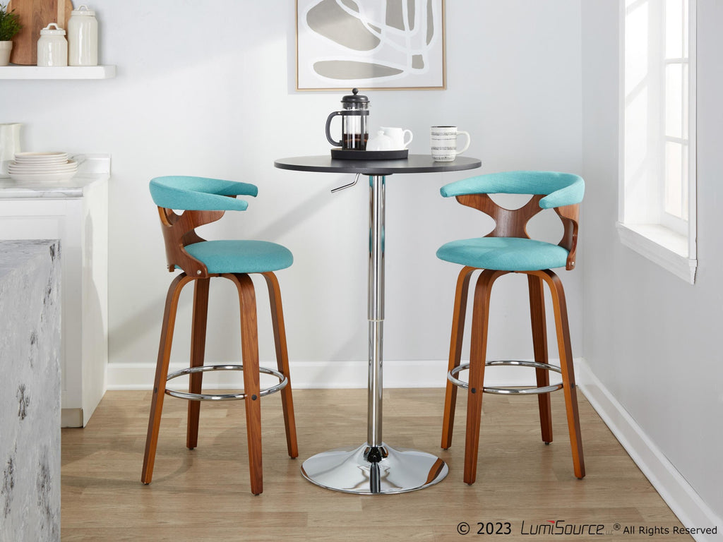 Gardenia 30" Fixed-Height Barstool - Set of 2 - Chrome Metal, Walnut Wood, Teal Fabric
