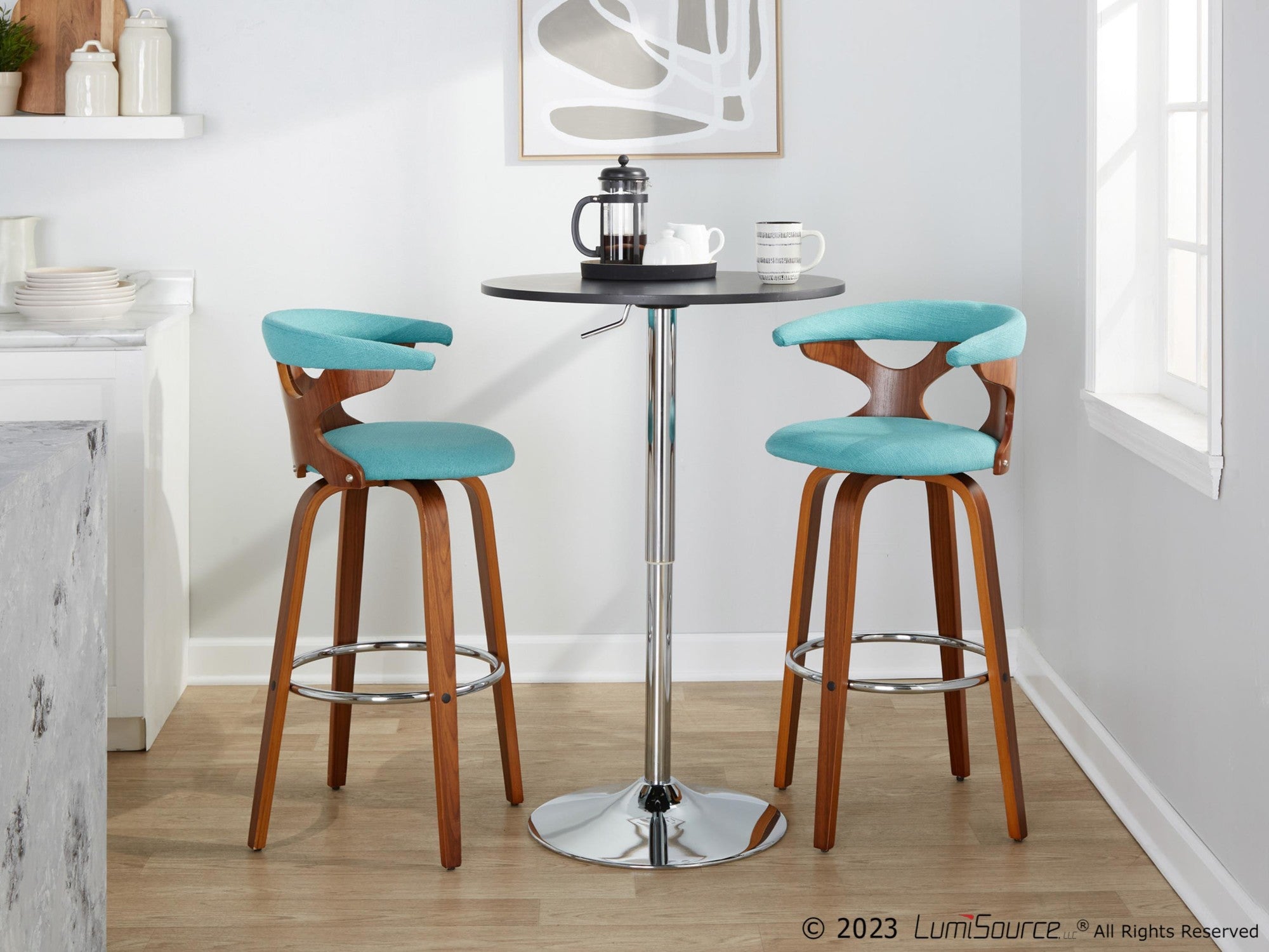 Gardenia 30" Fixed-Height Barstool - Set of 2 - Chrome Metal, Walnut Wood, Teal Fabric