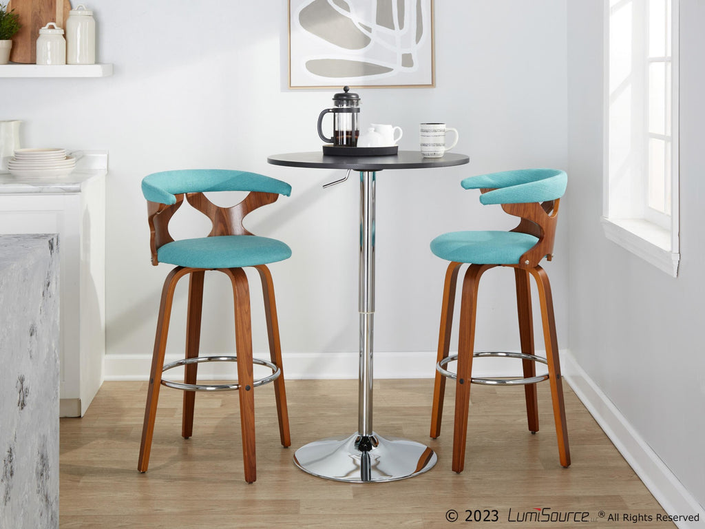 Gardenia 30" Fixed-Height Barstool - Set of 2 - Chrome Metal, Walnut Wood, Teal Fabric