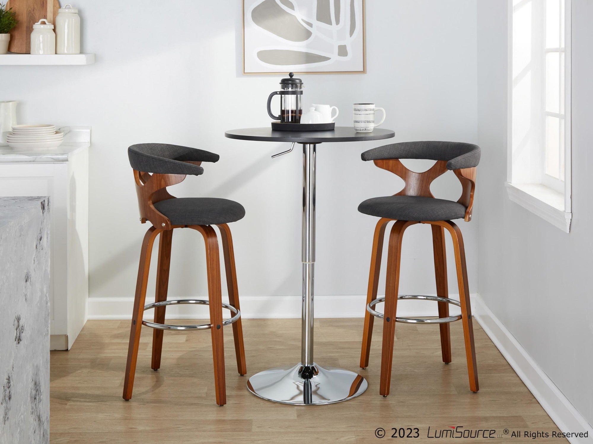 Gardenia 30" Fixed-Height Barstool - Set of 2 - Chrome Metal, Walnut Wood, Charcoal Fabric