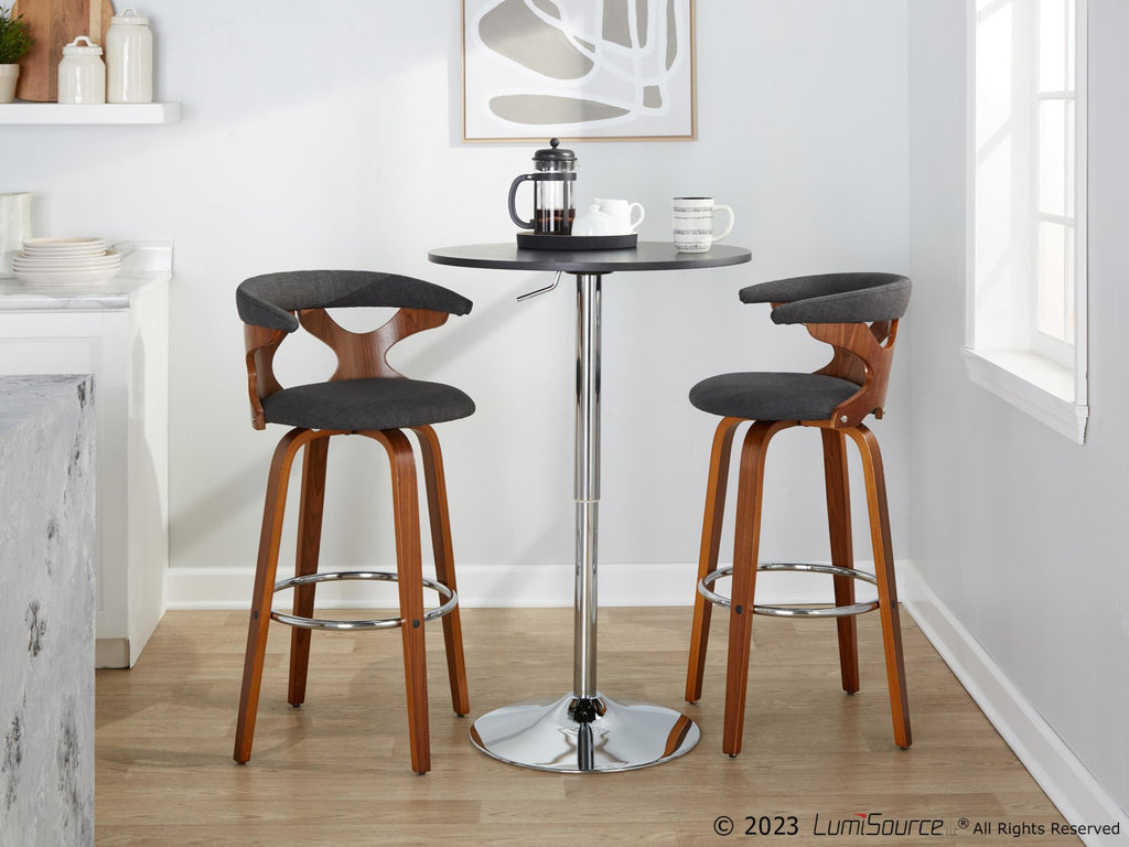 Gardenia 30" Fixed-Height Barstool - Set of 2 - Chrome Metal, Walnut Wood, Charcoal Fabric