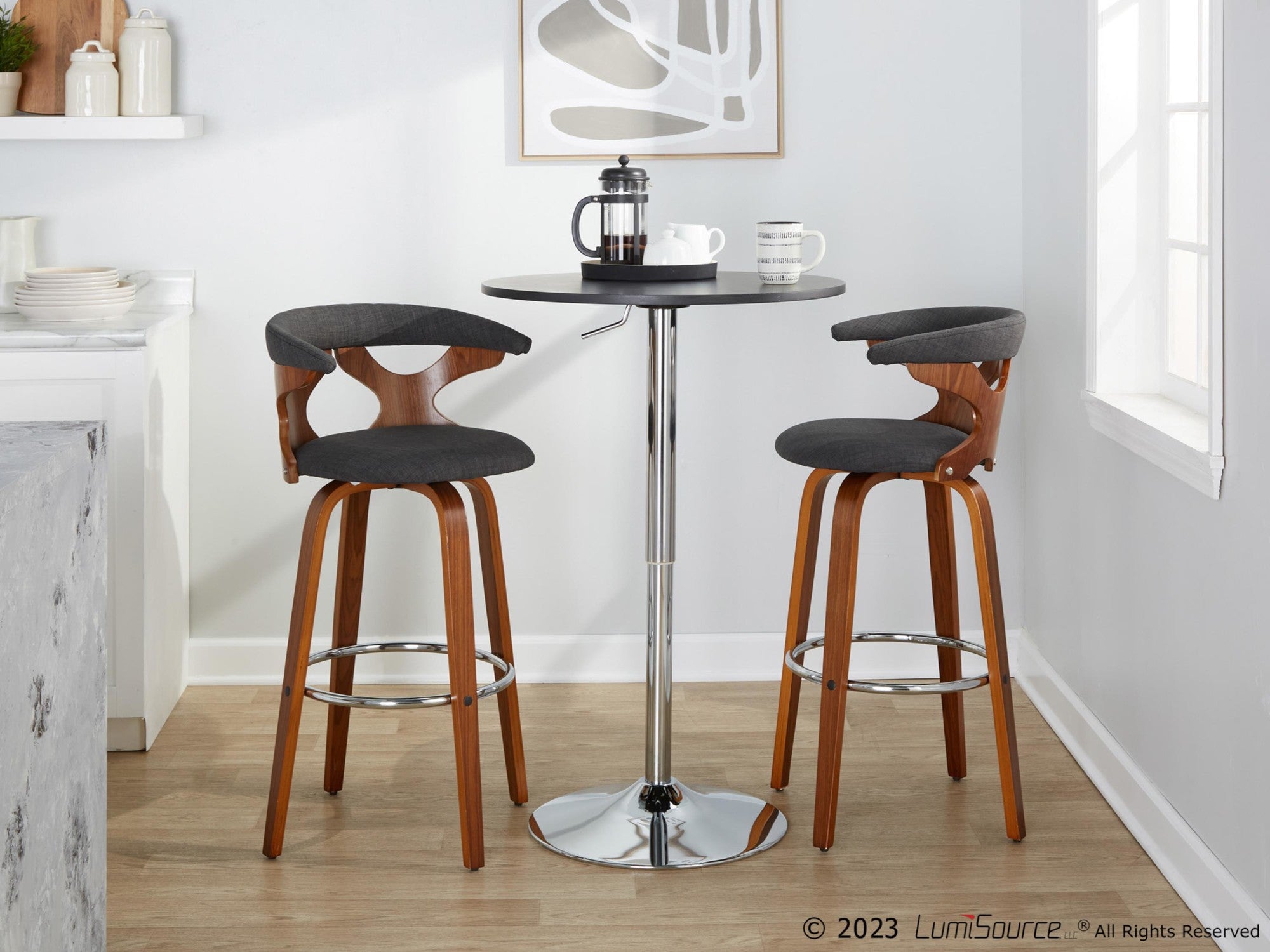 Gardenia 30" Fixed-Height Barstool - Set of 2 - Chrome Metal, Walnut Wood, Charcoal Fabric