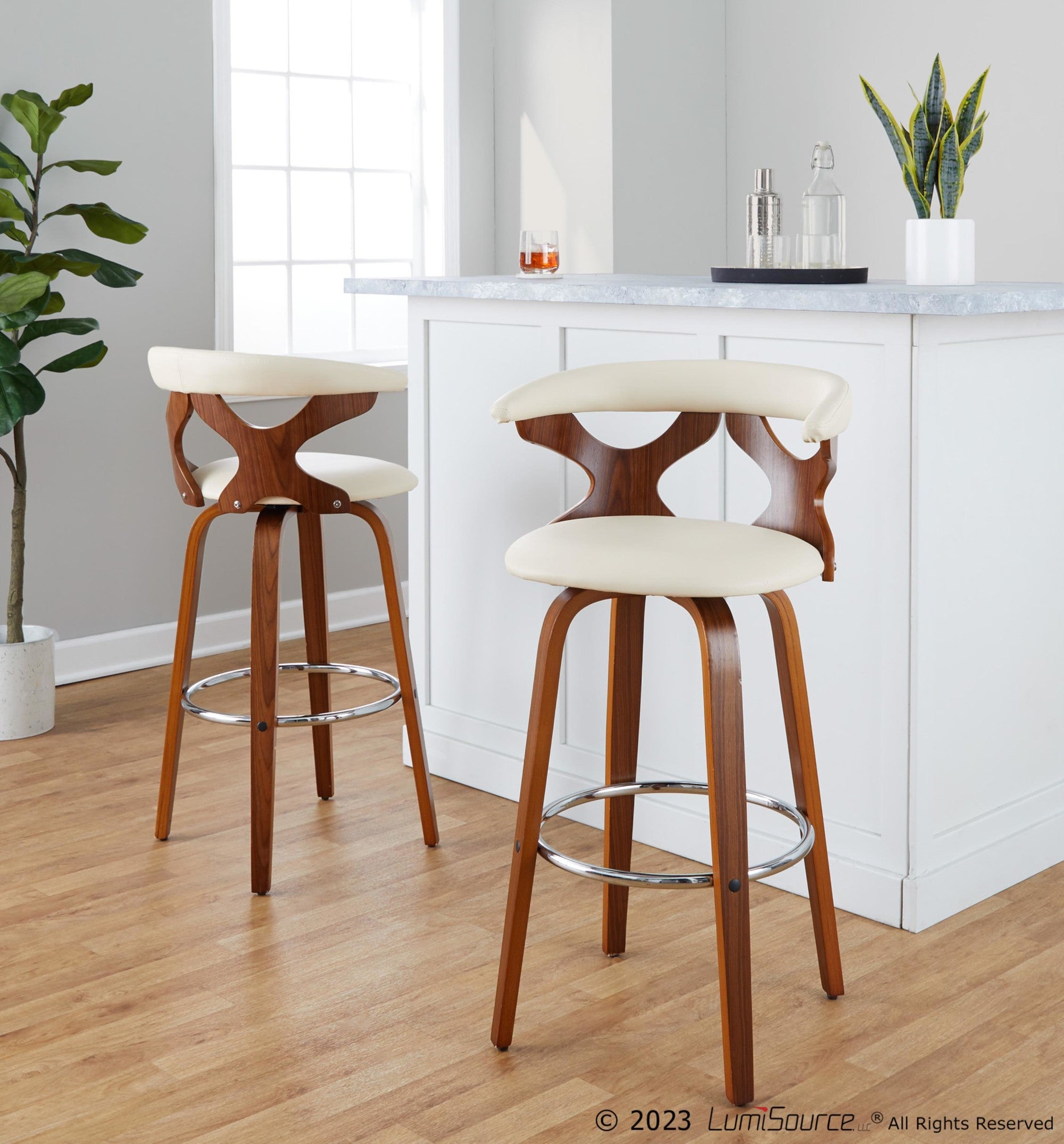 Gardenia 30" Fixed-Height Barstool - Set of 2 - Walnut Wood, Cream PU, Chrome Metal