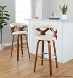 Gardenia 30" Fixed-Height Barstool - Set of 2 - Walnut Wood, Cream PU, Chrome Metal