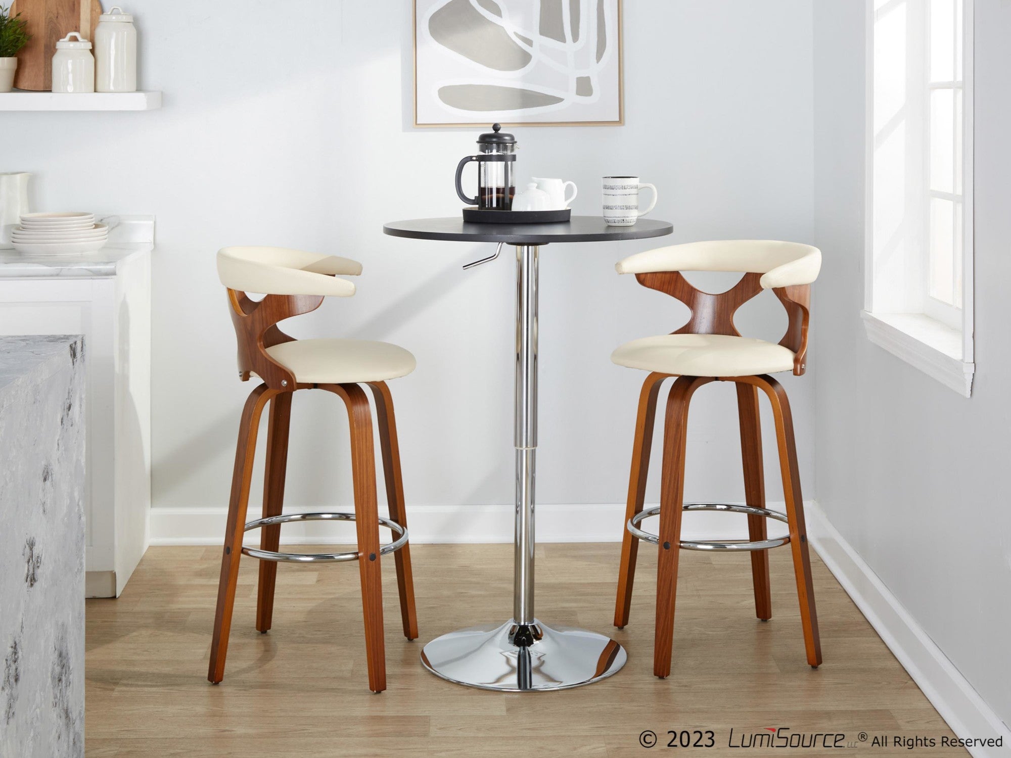 Gardenia 30" Fixed-Height Barstool - Set of 2 - Walnut Wood, Cream PU, Chrome Metal