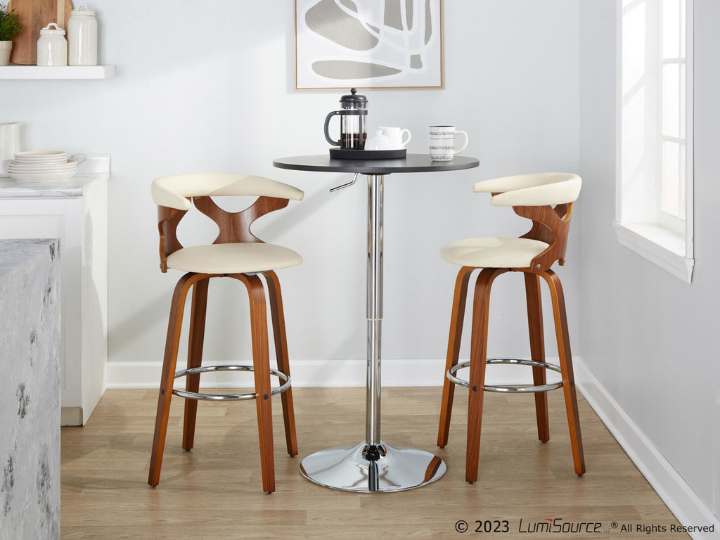 Gardenia 30" Fixed-Height Barstool - Set of 2 - Walnut Wood, Cream PU, Chrome Metal