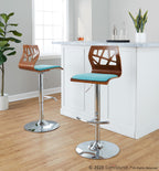 Folia Adjustable Barstool - Set of 2 - Chrome Metal, Walnut Wood, Teal Fabric