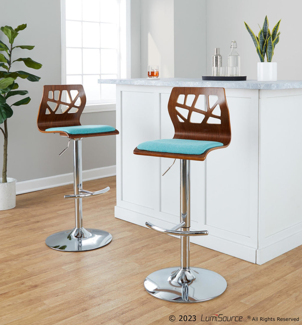 Folia Adjustable Barstool - Set of 2 - Chrome Metal, Walnut Wood, Teal Fabric
