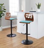 Folia Adjustable Barstool - Set of 2 - Black Metal, Walnut Wood, Teal Fabric