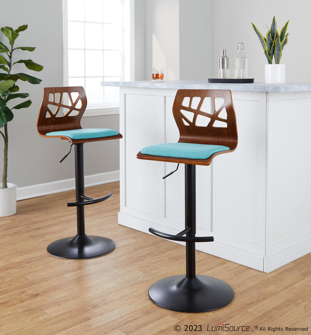 Folia Adjustable Barstool - Set of 2 - Black Metal, Walnut Wood, Teal Fabric