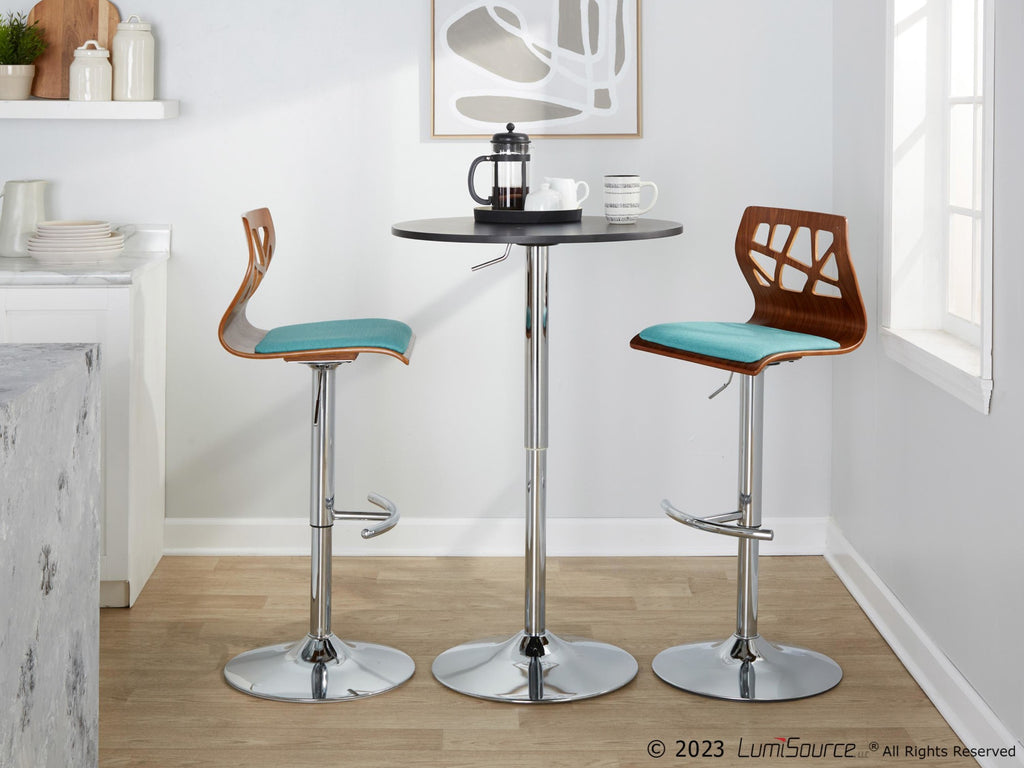 Folia Adjustable Barstool - Set of 2 - Chrome Metal, Walnut Wood, Teal Fabric