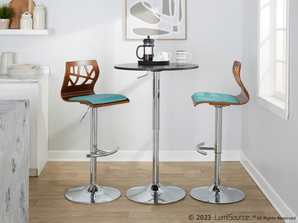 Folia Adjustable Barstool - Set of 2 - Chrome Metal, Walnut Wood, Teal Fabric