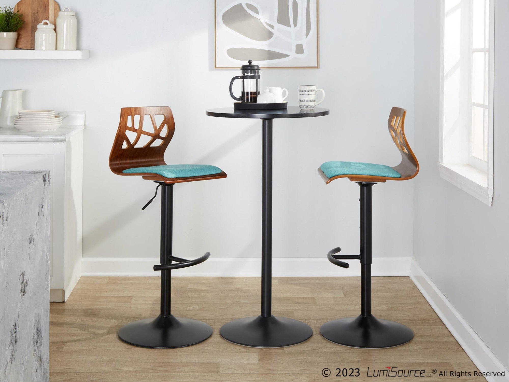 Folia Adjustable Barstool - Set of 2 - Black Metal, Walnut Wood, Teal Fabric