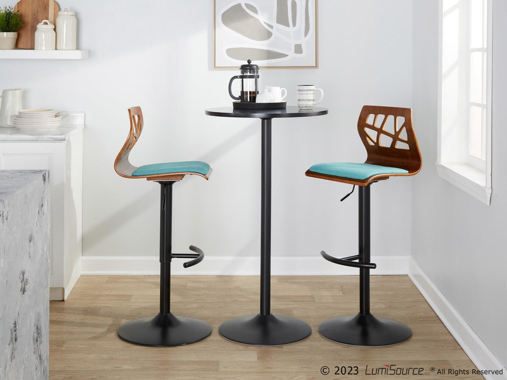Folia Adjustable Barstool - Set of 2 - Black Metal, Walnut Wood, Teal Fabric