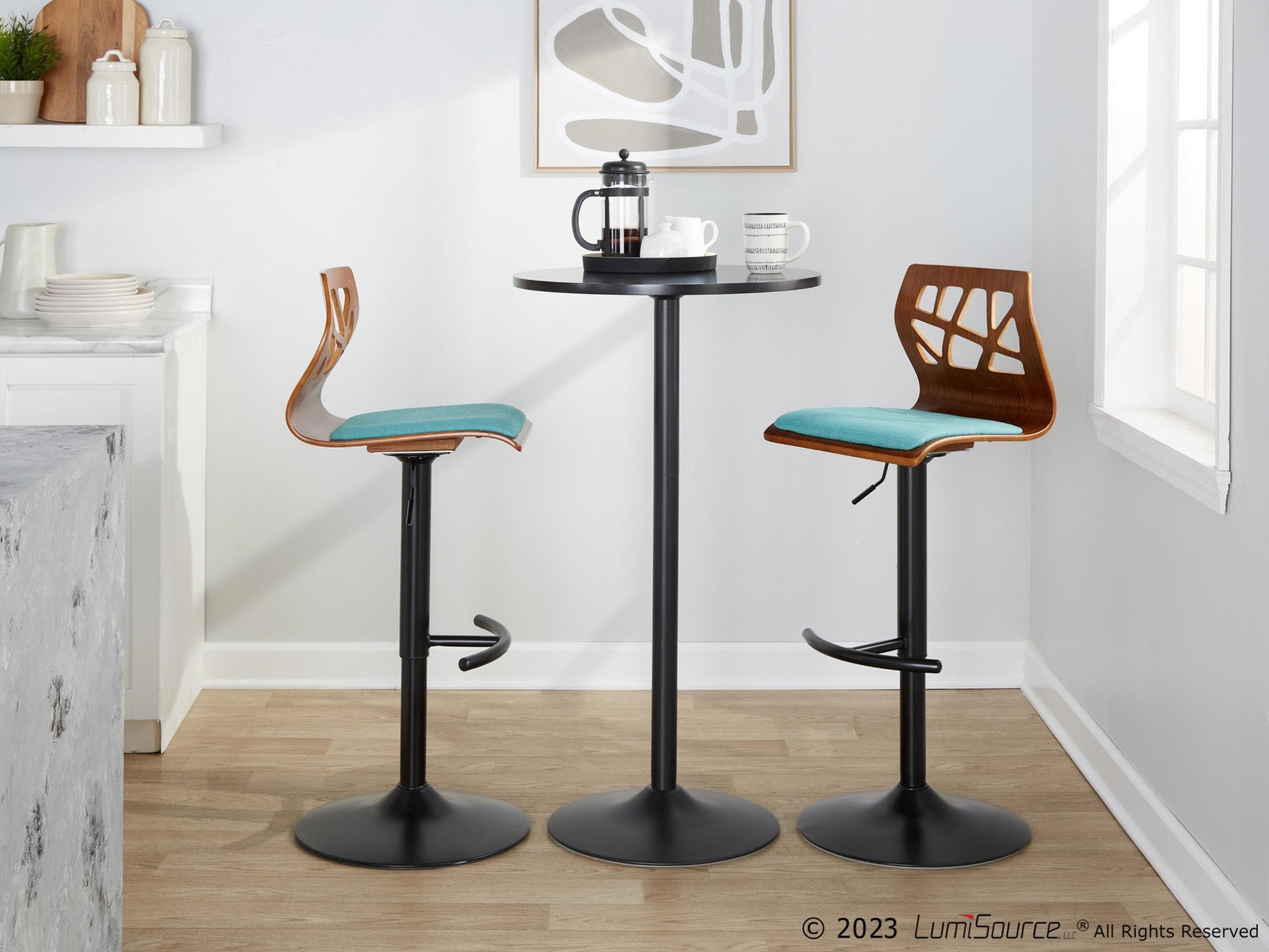 Folia Adjustable Barstool - Set of 2 - Black Metal, Walnut Wood, Teal Fabric