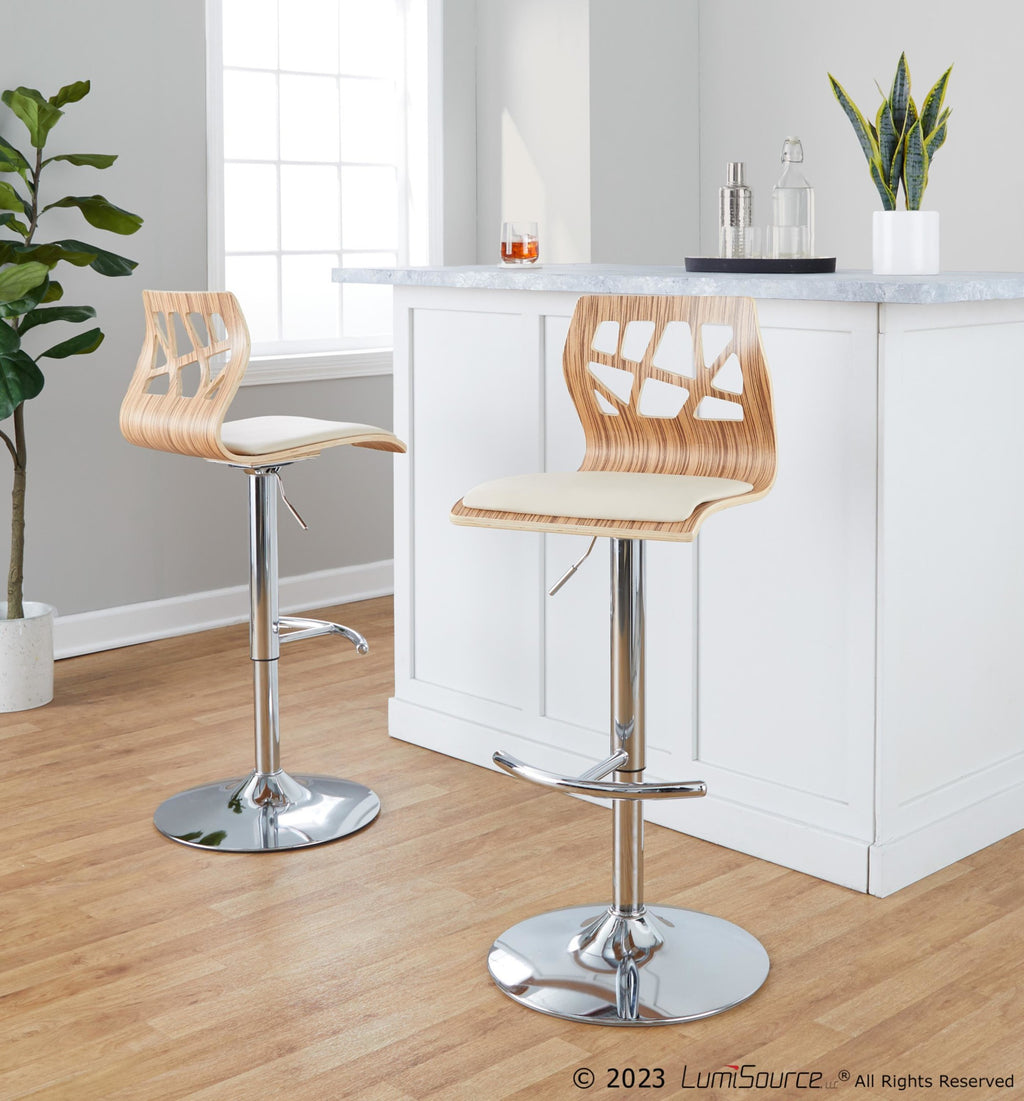 Folia Adjustable Barstool - Set of 2 - Chrome Metal, Zebra Wood, Cream PU