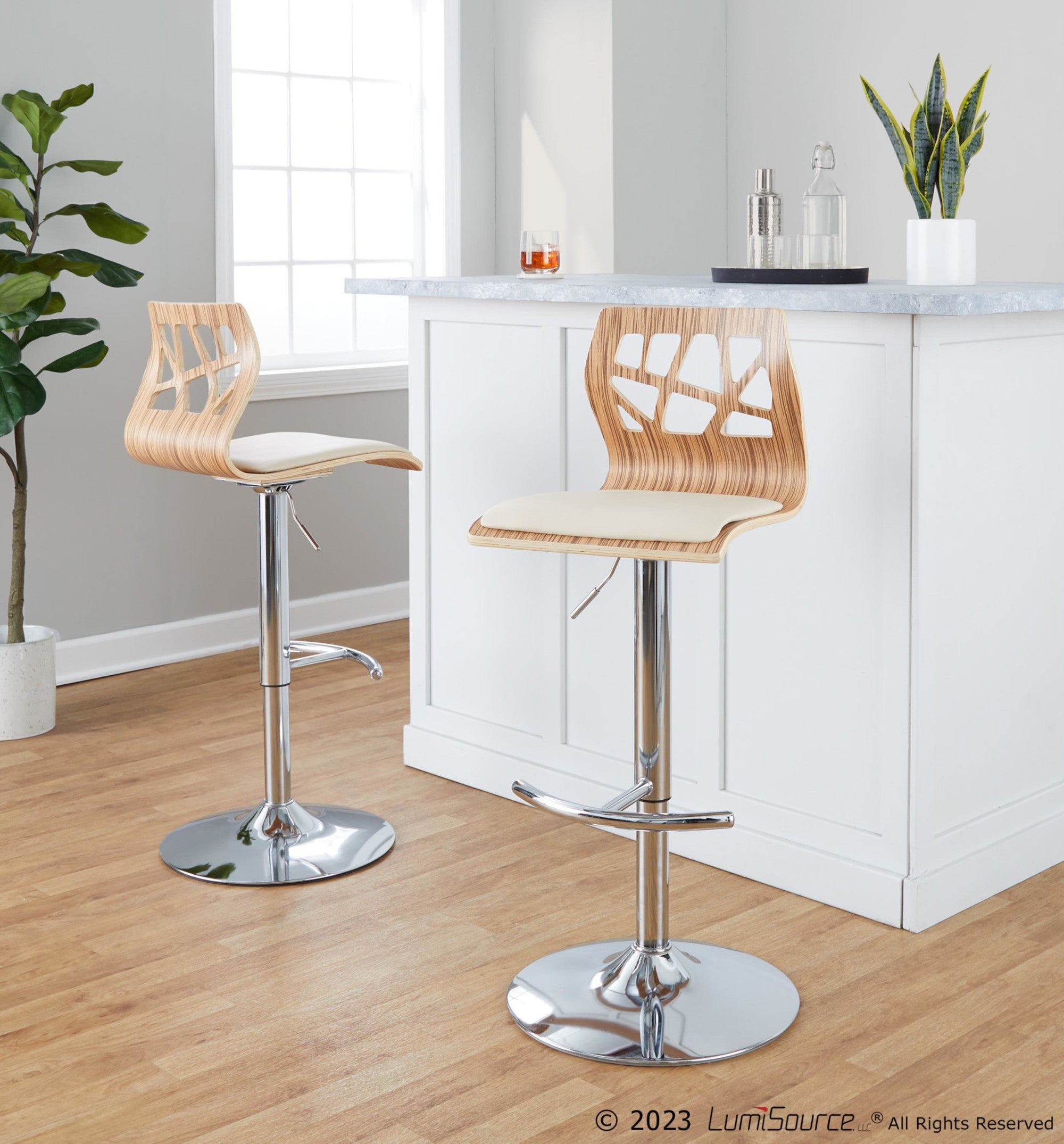 Folia Adjustable Barstool - Set of 2 - Chrome Metal, Zebra Wood, Cream PU