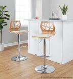 Folia Adjustable Barstool - Set of 2 - Chrome Metal, Zebra Wood, Cream PU