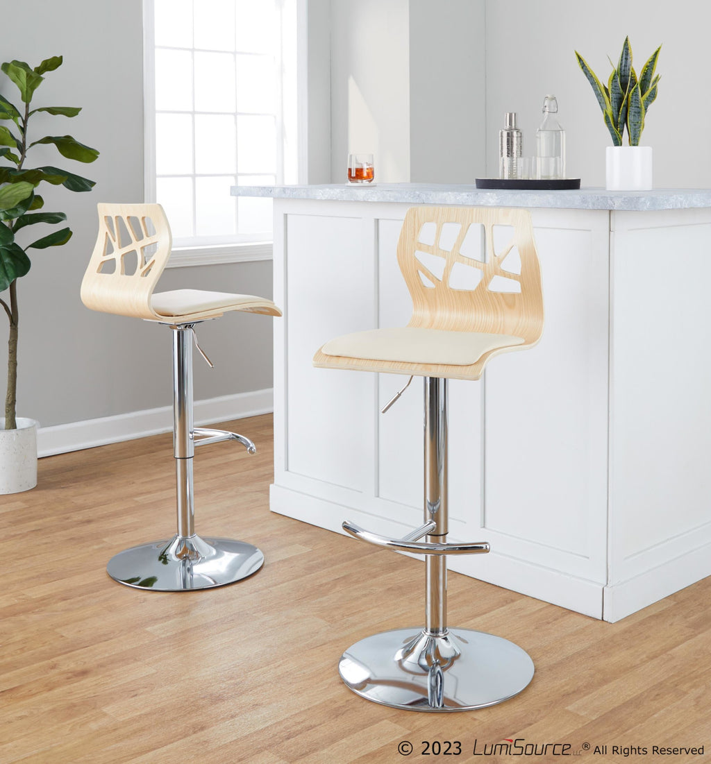 Folia Adjustable Barstool - Set of 2 - Chrome Metal, Natural Wood, Cream PU