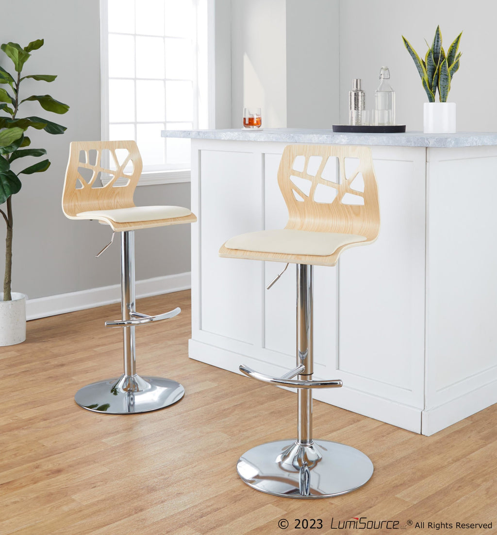 Folia Adjustable Barstool - Set of 2 - Chrome Metal, Natural Wood, Cream PU