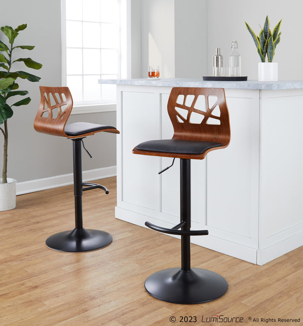 Folia Adjustable Barstool - Set Of 2 - Black Metal, Walnut Wood, Black PU