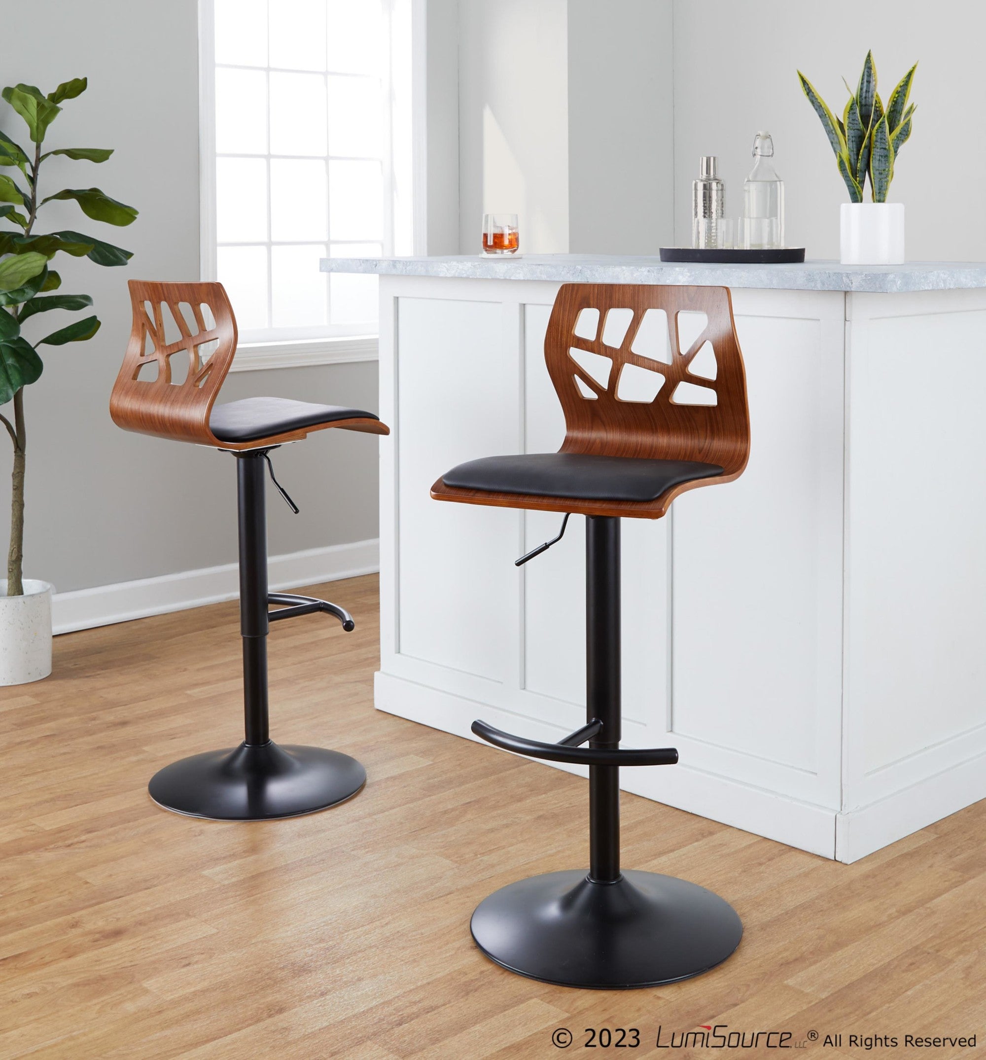 Folia Adjustable Barstool - Set Of 2 - Black Metal, Walnut Wood, Black PU