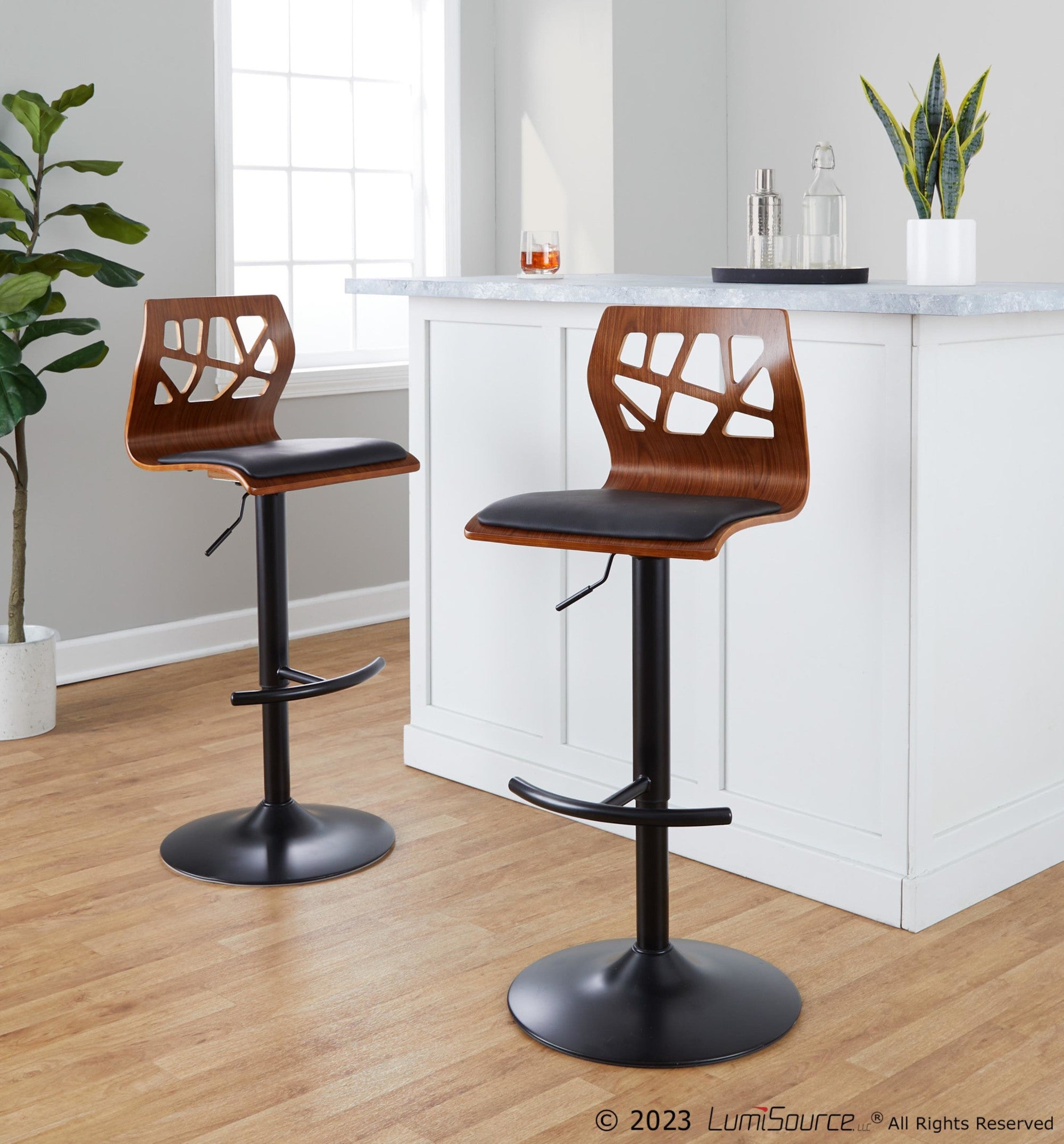 Folia Adjustable Barstool - Set Of 2 - Black Metal, Walnut Wood, Black PU