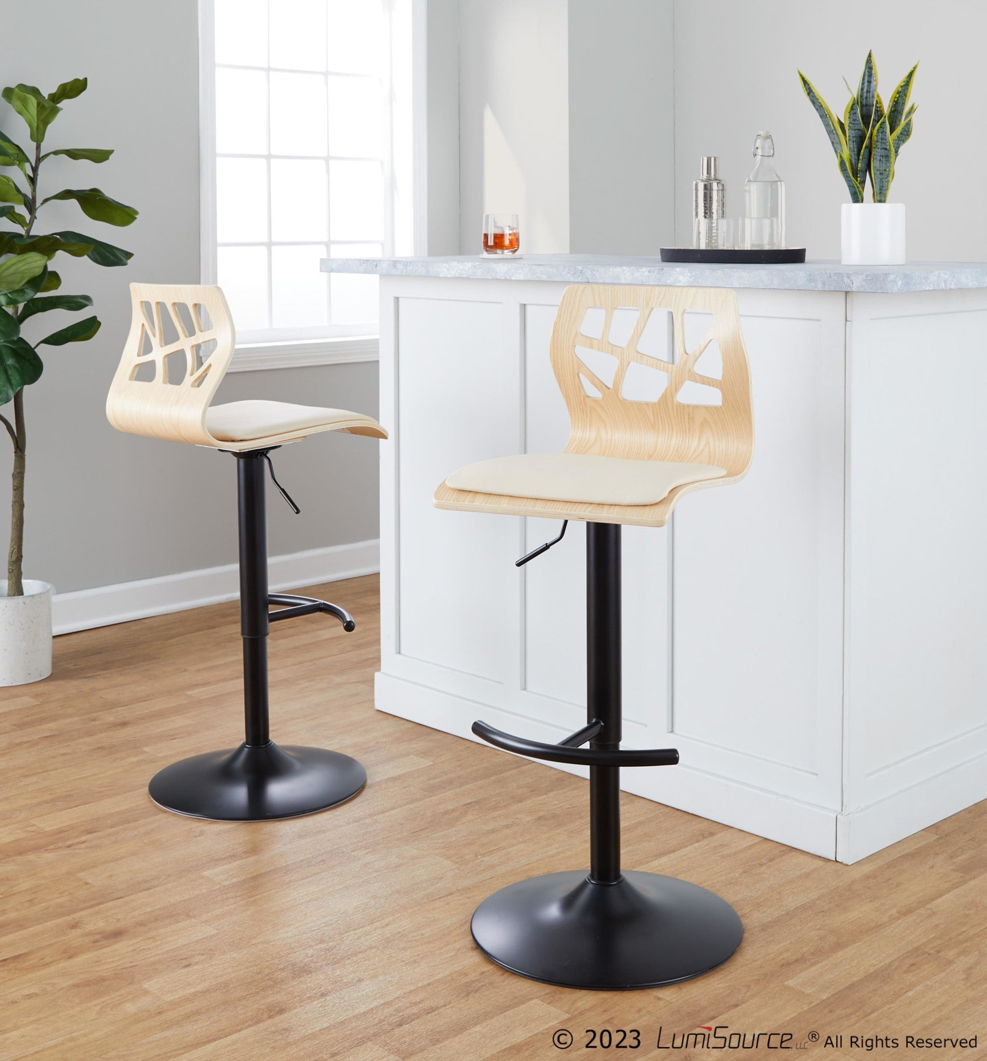 Folia Adjustable Barstool - Set of 2 - Black Metal, Natural Wood, Cream PU