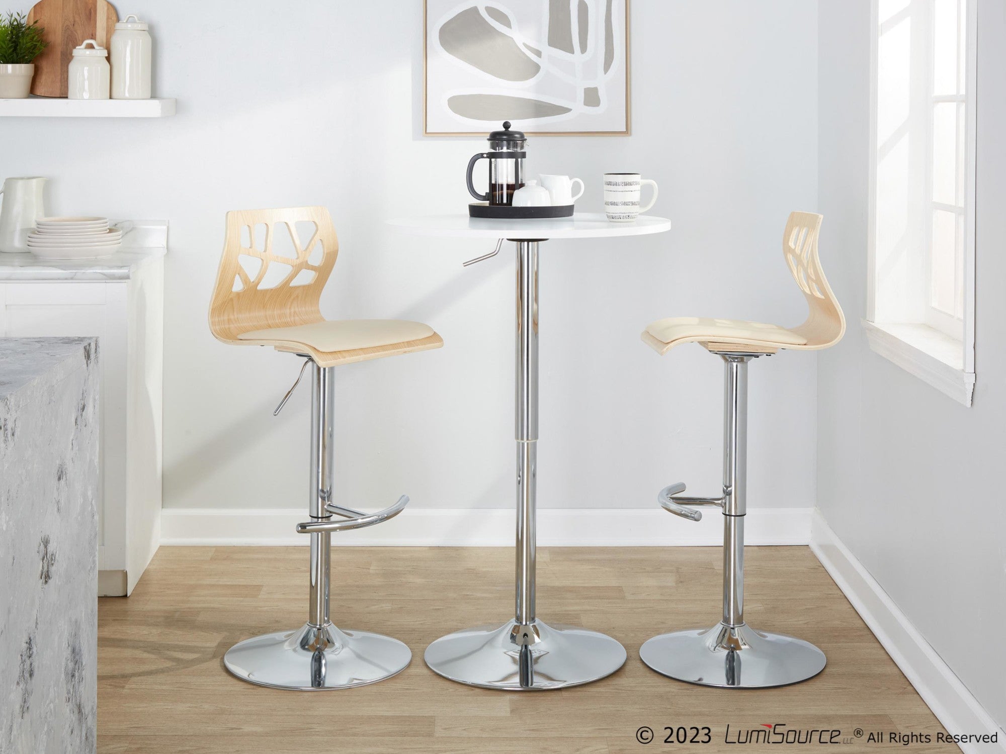 Folia Adjustable Barstool - Set of 2 - Chrome Metal, Natural Wood, Cream PU