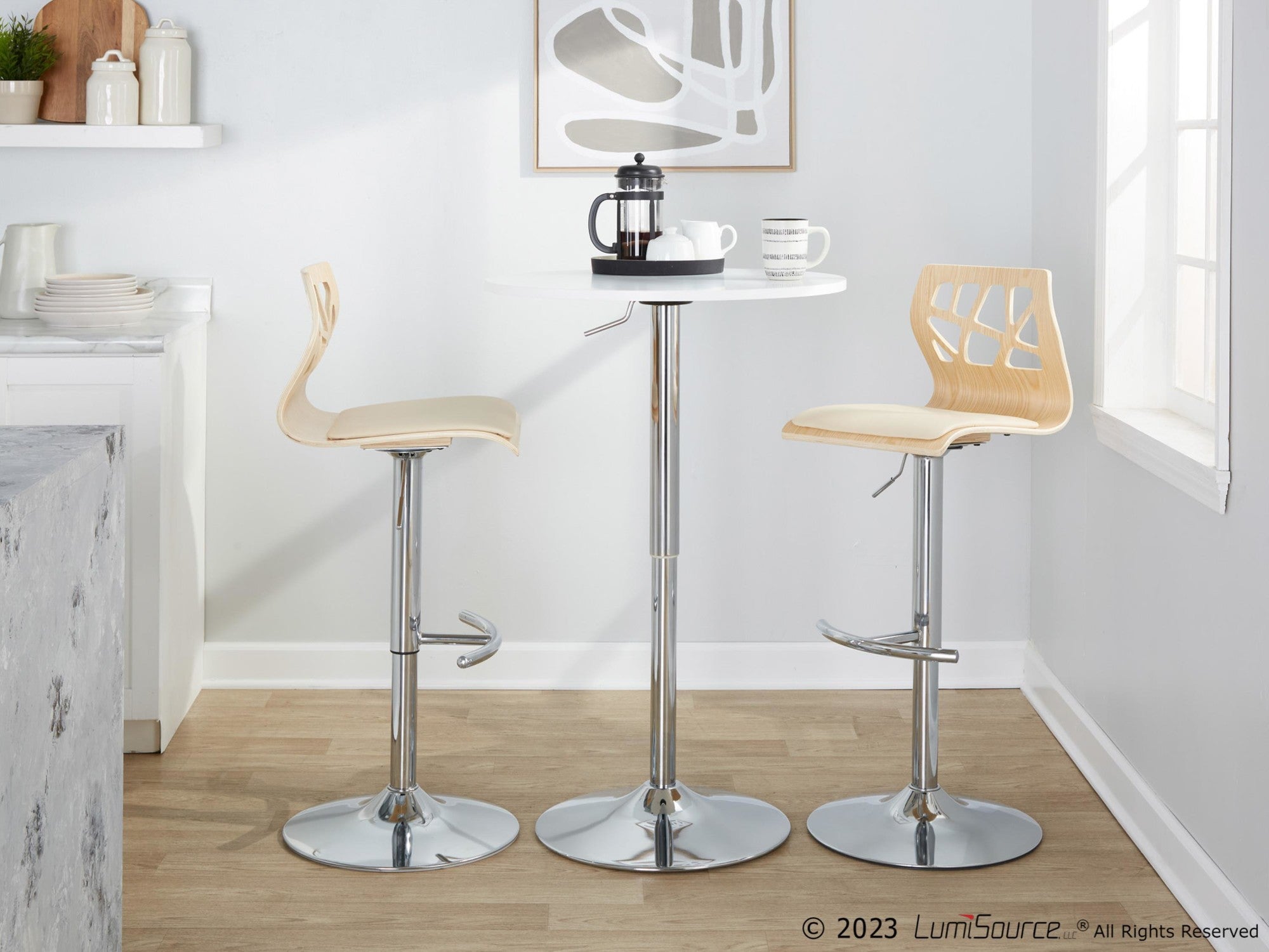 Folia Adjustable Barstool - Set of 2 - Chrome Metal, Natural Wood, Cream PU