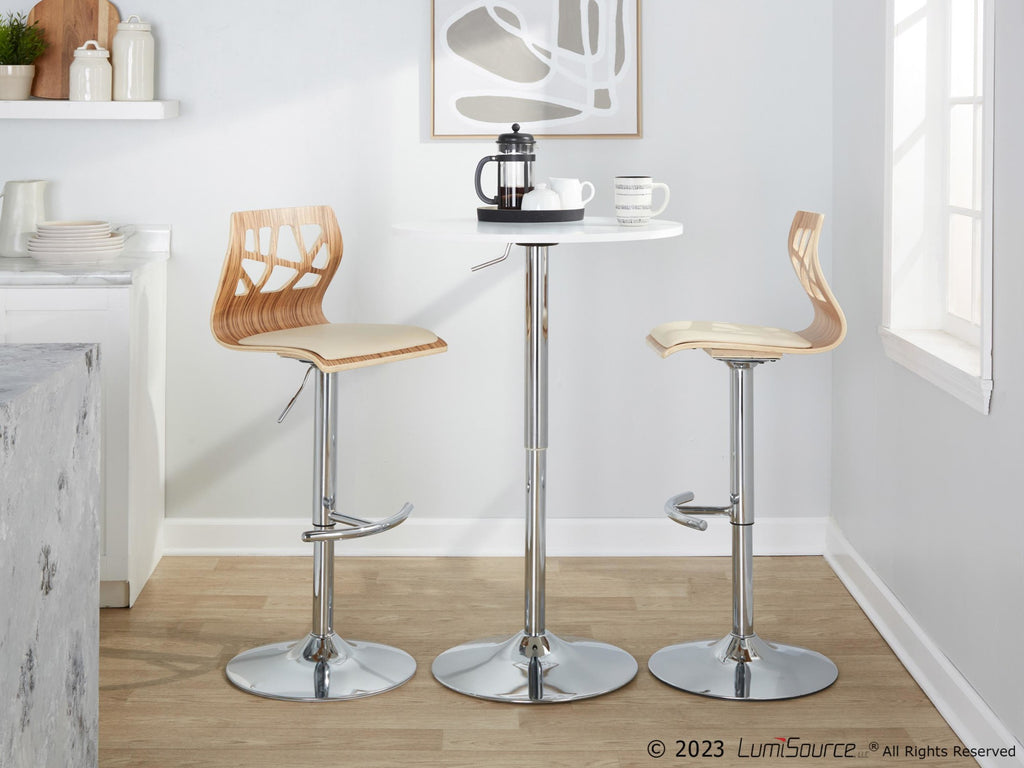 Folia Adjustable Barstool - Set of 2 - Chrome Metal, Zebra Wood, Cream PU