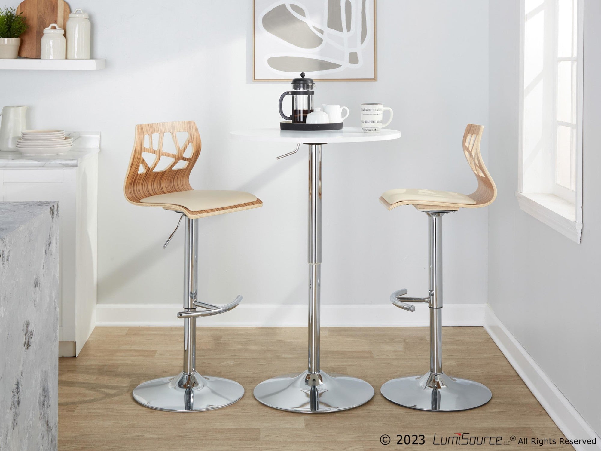 Folia Adjustable Barstool - Set of 2 - Chrome Metal, Zebra Wood, Cream PU