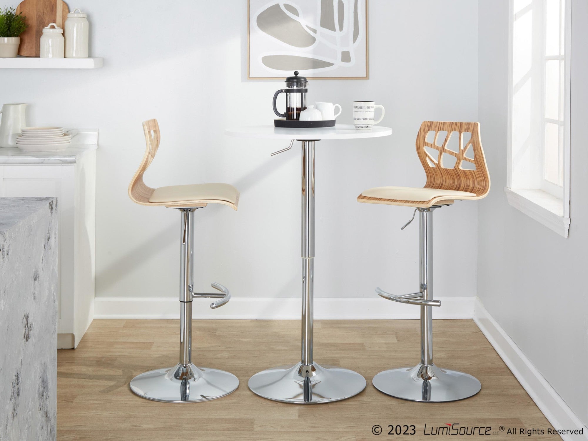 Folia Adjustable Barstool - Set of 2 - Chrome Metal, Zebra Wood, Cream PU