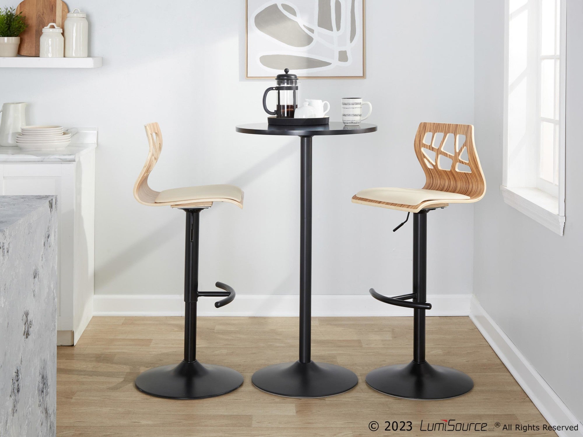 Folia Adjustable Barstool - Set of 2 - Black Metal, Zebra Wood, Cream PU