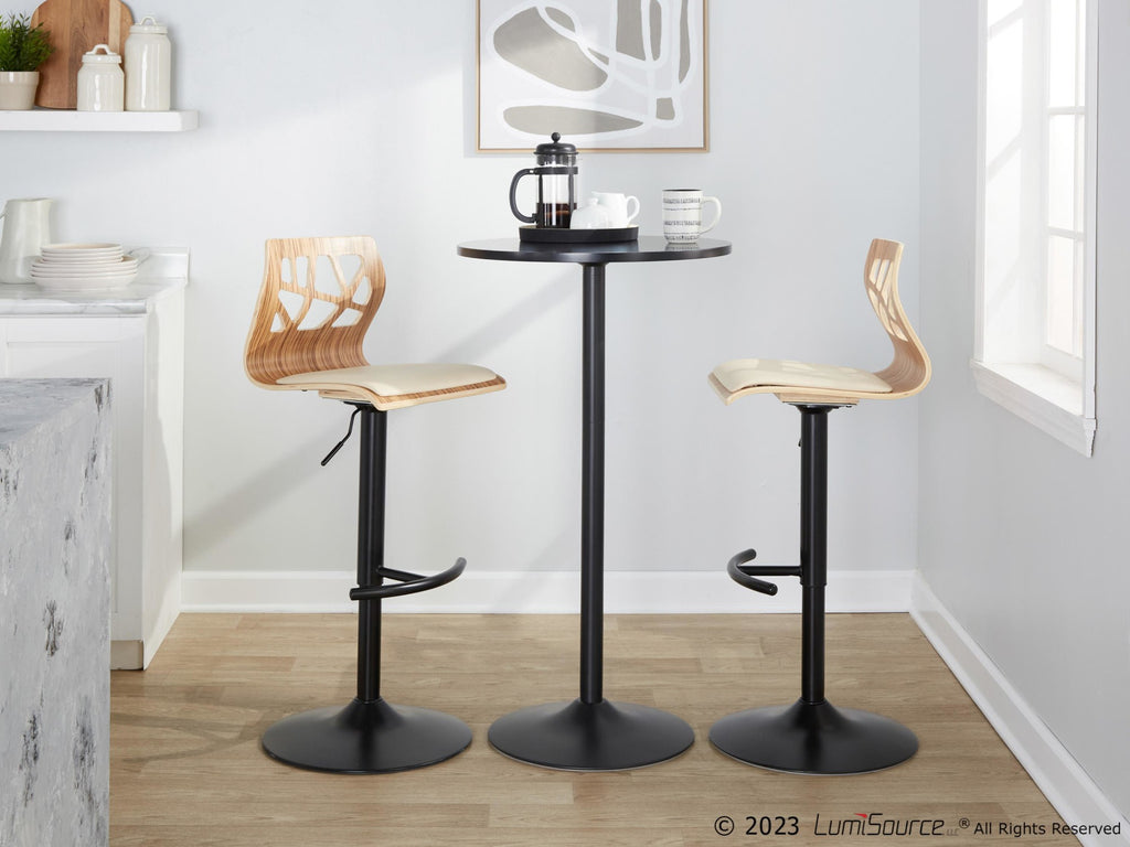 Folia Adjustable Barstool - Set of 2 - Black Metal, Zebra Wood, Cream PU
